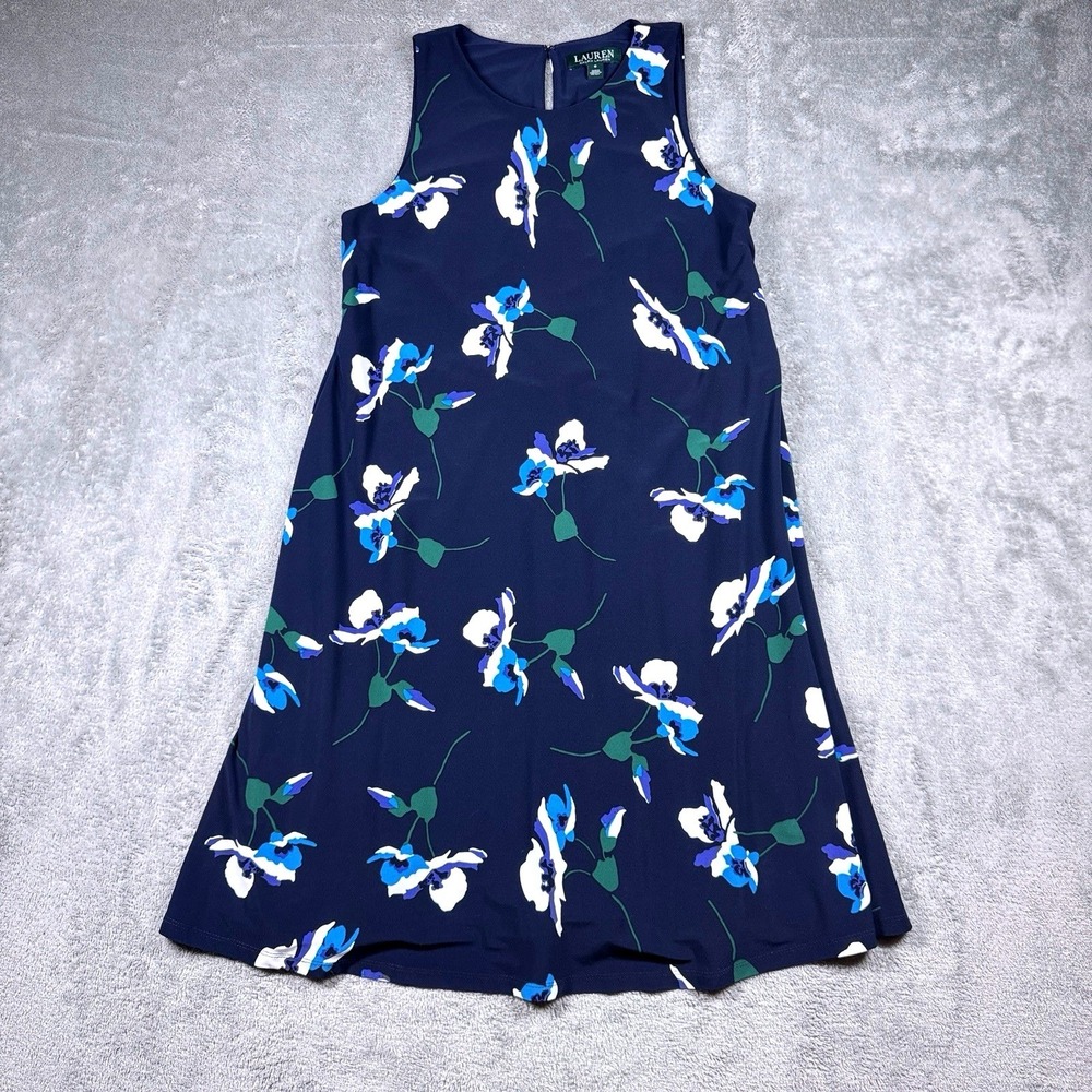 Lauren Ralph Lauren Navy Floral Dress Womens 6 Sleeveless Keyhole - Picture 1 of 8
